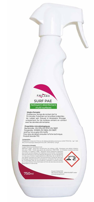750ml - Surf PAE - Nettoyant & désinfectant de surfaces - EMILABO